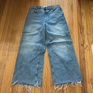 Frame wide leg blue denim, button fly